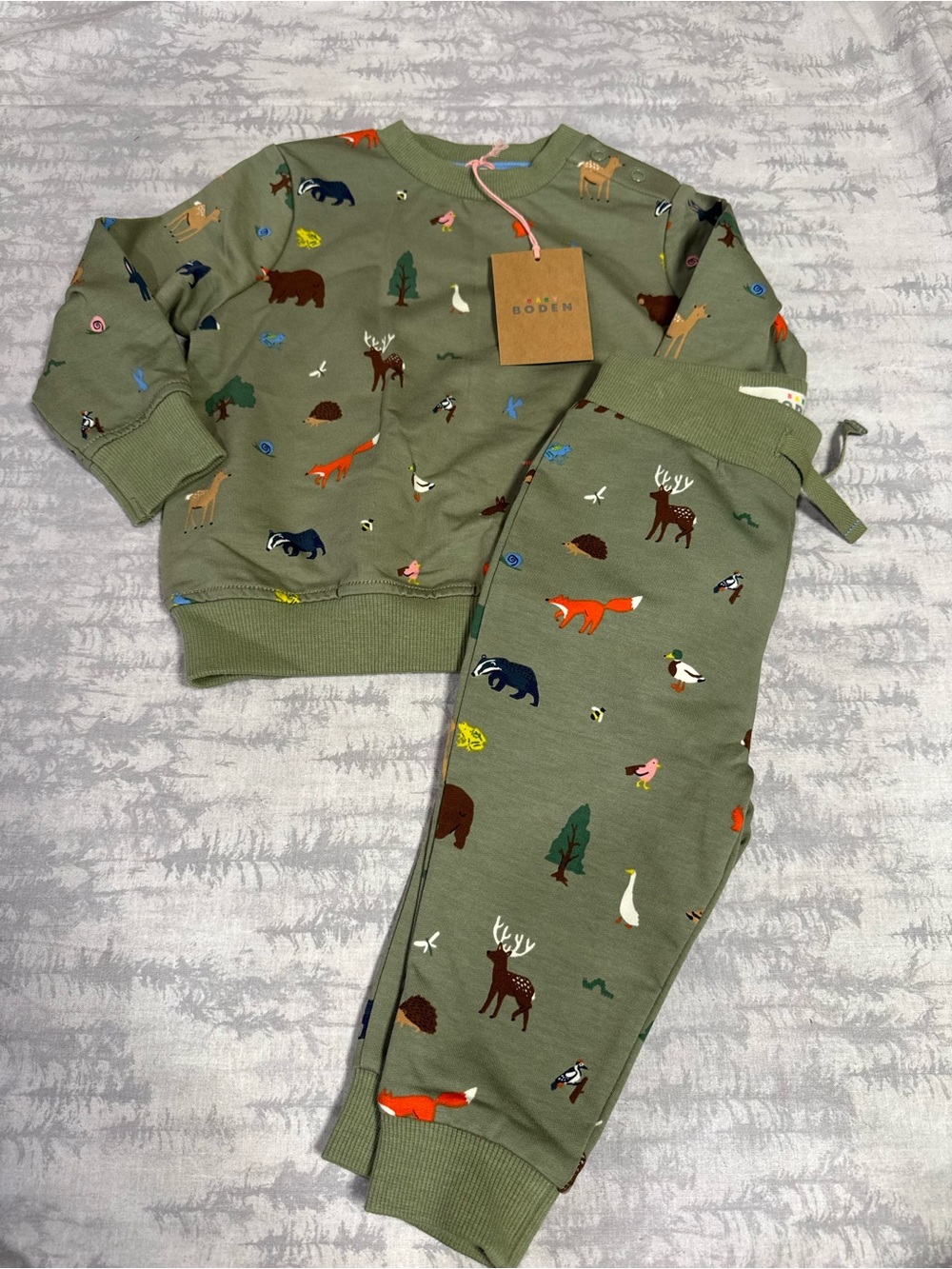 Mini Boden Olive Green Forest Animals Pajama Set with Multicolor Prints